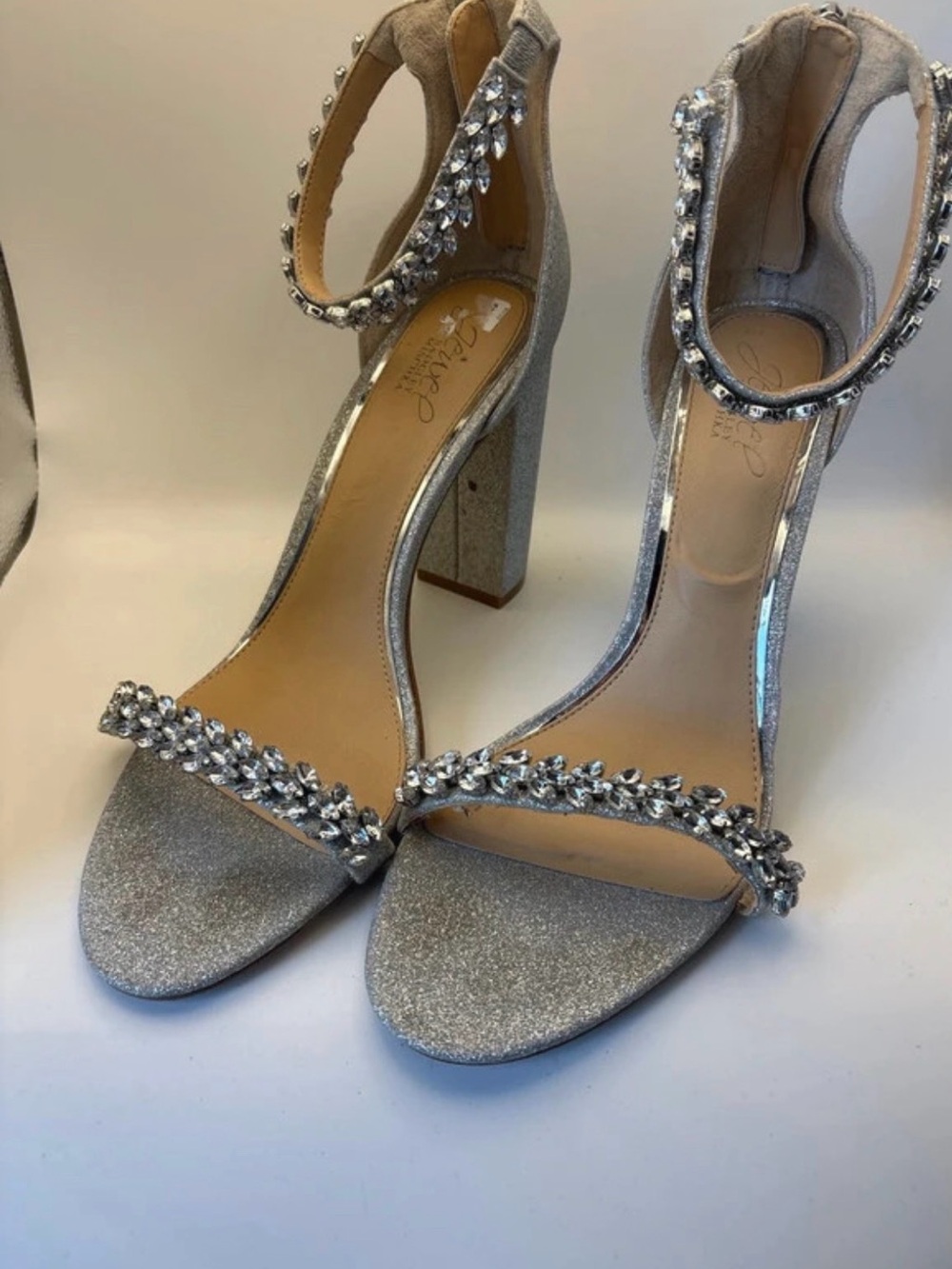 Jewel Badgley Mischka Silver Crystal Ankle-Strap Block Heels